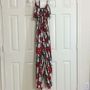 White and black stripped jumpsuit with red roses